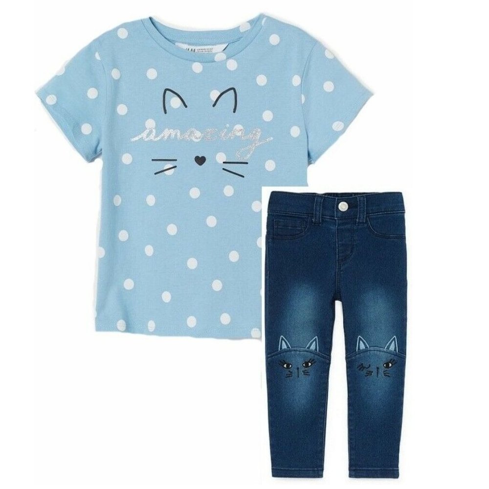 Toddler Girl Cat Jeans Blue Dot Tee 4T NEW